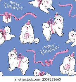 Vector Christmas seamless pattern. Christmas big white dogs and preppy pink bows on blue background. New Year animals with present boxs seamless pattern in hand-drawn style.