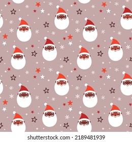 Vector Christmas seamless pattern with black Santa Claus, stars, snowflakes. Holiday repeated texture with Santa’s faces. Winter ornament with Christmas cartoon characters. Merry Christmas background