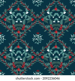 Vector Christmas seamless pattern with branches of mistletoe and ilex, holly. Design for fabric, wrapping paper, print, holidays decoration. Winter plants and berries template.