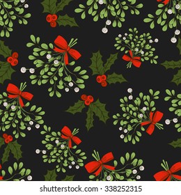 Vector Christmas seamless pattern with branches of mistletoe. For fabric, wrapping paper, print and web projects. Greeting card design. Vector mistletoe. Winter template.