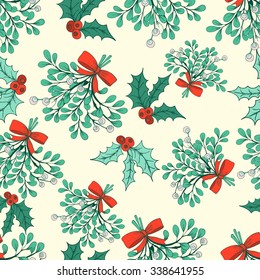 Vector Christmas seamless pattern with branches of mistletoe. For fabric, wrapping paper, print and web projects. Greeting card design. Vector mistletoe. Winter template.