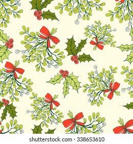 Vector Christmas seamless pattern with branches of mistletoe. For fabric, wrapping paper, print and web projects. Greeting card design. Vector mistletoe. Winter template.