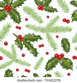 Vector Christmas seamless pattern with the branches of fir, juniper and holly.