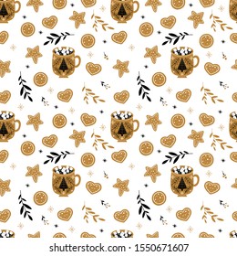 Vector Christmas seamless pattern with cacao and cookies in Scandinavian style. Perfect for invitation, wrapping paper and Christmas decoration.