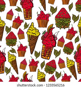 Vector christmas seamless pattern with cakes, ice cream, biscuits and berries. Perfectly for wrapping paper, bed linen, textile, fabric, cover, wallpaper, fashion, kids clothing, bedding, packaging.