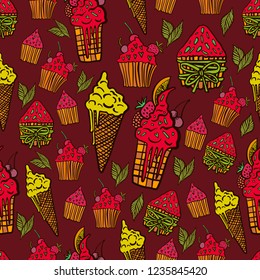 Vector christmas seamless pattern with cakes, ice cream, biscuits and berries. Perfectly for wrapping paper, bed linen, textile, fabric, cover, wallpaper, fashion, kids clothing, bedding, packaging.