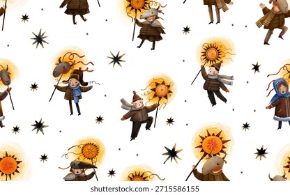 Vector christmas seamless pattern with carols. Carol Christmas vertep, magic background. Vertep Ukrainian winter holiday