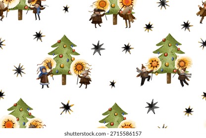 Vector christmas seamless pattern with carols. Carol Christmas vertep, magic background. Vertep Ukrainian winter holiday