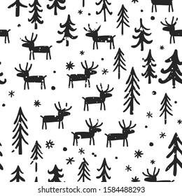 Vector Christmas seamless pattern with cartoon deer, trees, and snowflakes. White, and black palette. Scandinavian winter background. Design for fabric, paper, card, web banner, textile