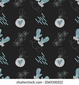 Vector Christmas seamless pattern with cartoon toy, ball, mittens in Scandinavian style on black background for gift wrapping paper, textiles and over