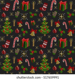 Vector christmas seamless pattern in cartoon or decorative embroidery style with xmas trees, bells, stars, mistletoe, toys, garlands. Design best for wrapping paper, cards, posters, scrap-booking