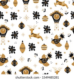 Vector Christmas seamless pattern with clock, gifts, birds and reindeer in Scandinavian style. Perfect for invitation, wrapping paper and Christmas decoration.