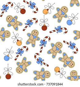 Vector Christmas seamless pattern with color symbols of gingerbreads Christmas decorations and candies.