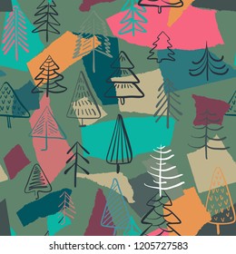 Vector Christmas seamless pattern with colorful abstract collage texture and holiday elements, trees, snowflakes