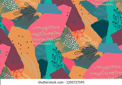 Vector Christmas seamless pattern with colorful abstract collage texture and holiday elements, plants, flowers, berries