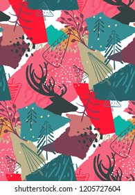 Vector Christmas seamless pattern with colorful abstract collage texture and holiday elements, plants, deer, trees