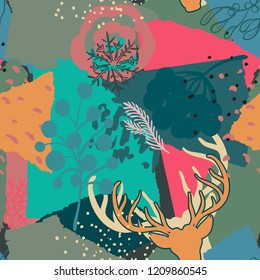 Vector Christmas seamless pattern with colorful abstract collage texture and holiday elements, plants, deer, snowflakes