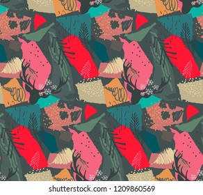 Vector Christmas seamless pattern with colorful abstract collage texture and holiday elements, plants, deer, trees