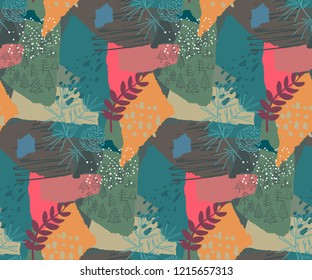 Vector Christmas seamless pattern with colorful abstract collage texture and holiday elements, plants, flowers, berries