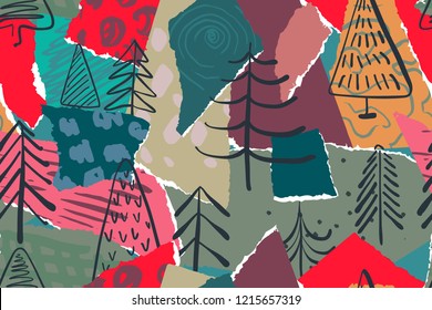 Vector Christmas seamless pattern with colorful abstract collage texture and holiday elements, trees, snowflakes.