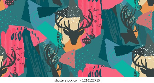 Vector Christmas seamless pattern with colorful abstract collage texture and holiday elements, plants, deer, trees