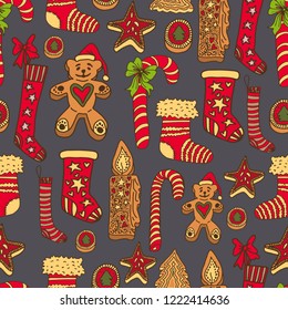 Vector christmas seamless pattern. Cute colorful cartoon illustration. Perfectly for wrapping paper, bed linen, textile, fabric, cover, wallpaper, fashion, kids clothing, bedding, gift packaging.