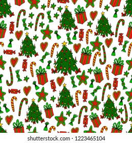 Vector christmas seamless pattern. Cute colorful cartoon illustration. Perfectly for wrapping paper, bed linen, textile, fabric, cover, wallpaper, fashion, kids clothing, bedding, gift packaging.