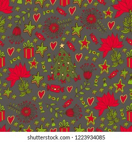 Vector christmas seamless pattern. Cute colorful cartoon illustration. Perfectly for wrapping paper, bed linen, textile, fabric, cover, wallpaper, fashion, kids clothing, bedding, gift packaging.
