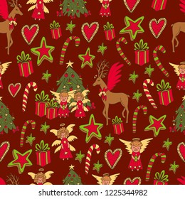 Vector christmas seamless pattern. Cute colorful cartoon illustration. Perfectly for wrapping paper, bed linen, textile, fabric, cover, wallpaper, fashion, kids clothing, bedding, gift packaging.