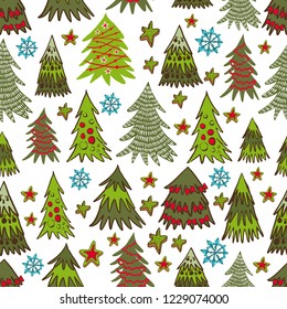 Vector christmas seamless pattern. Cute colorful cartoon illustration. Perfectly for wrapping paper, bed linen, textile, fabric, cover, wallpaper, fashion, kids clothing, bedding, gift packaging.
