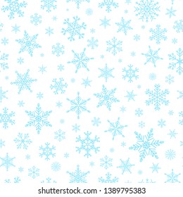 Vector Christmas seamless pattern. Cute background with blue snowflakes in different shapes and forms. 