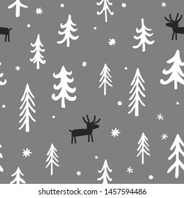 Vector Christmas seamless pattern with cute cartoon deer, trees, and snowflakes. White, black, and grey palette. Scandinavian winter background. Design for fabric, paper, card, web banner, invitation