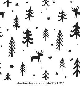 Vector Christmas seamless pattern with cute cartoon deer, trees, and snowflakes. White, and black palette. Scandinavian winter background. Design for fabric, paper, card, web banner, invitation