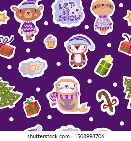Vector Christmas seamless pattern with cute winter baby animals: seal, bear, sloth and penguin. With candy cane, pine tree speech bubble “Let it Snow”, “Joy” and gift boxes.