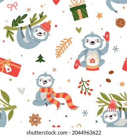 Vector Christmas seamless pattern with cute sloths in winter clothes. Holiday repeated texture with cartoon animals and Christmas gift boxes. Childish print with sloth bears. Kids background.