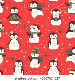 Vector Christmas seamless pattern with cute little penguins on red background. Christmas and New Year wrapping paper for children.