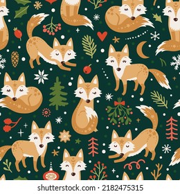 Vector Christmas seamless pattern with cute fox, winter plants, Christmas ornaments and stars. Holiday repeated texture with woodland animals. Natural print with Christmas cartoon characters.