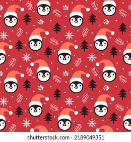 Vector Christmas seamless pattern with cute penguins in Santa’s hats and fir trees. Winter repeated texture with cartoon characters. Holiday print for kids fabric, wrapping paper. Scandinavian style