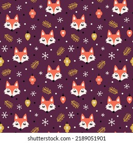 Vector Christmas seamless pattern with cute fox, Christmas ornaments, snowflakes. Winter repeated texture with sleeping fox. Holiday cartoon print for kids fabric, wrapping paper. Scandinavian style