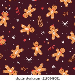 Vector Christmas seamless pattern with cute gingerbread cookies. Holiday repeated texture with cartoon gingerbread man. Sweet food ornament. Winter background with holiday symbols