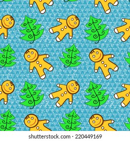 Vector Christmas seamless pattern with cute gingerbread men and fir-tree on geometric background