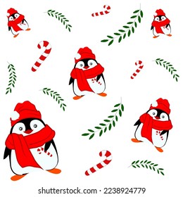 Vector Christmas seamless pattern with a cute cartoon penguin in a hat for design and print
