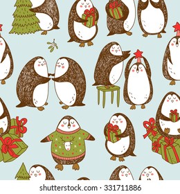 vector christmas seamless pattern with cute hand drawn penguins 