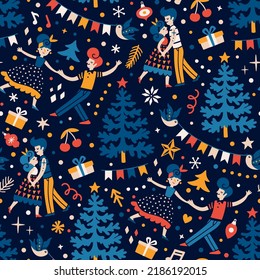 Vector Christmas seamless pattern with dancing couples, Christmas trees, garlands. Holiday repeated texture with rockabilly dancers. Winter print with New Year decorations for fabric, wrapping paper