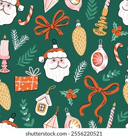 Vector Christmas seamless pattern. Christmas decorations and bows, candles, gifts and branches isolated on green background. Christmas fabric or wrapping paper design.