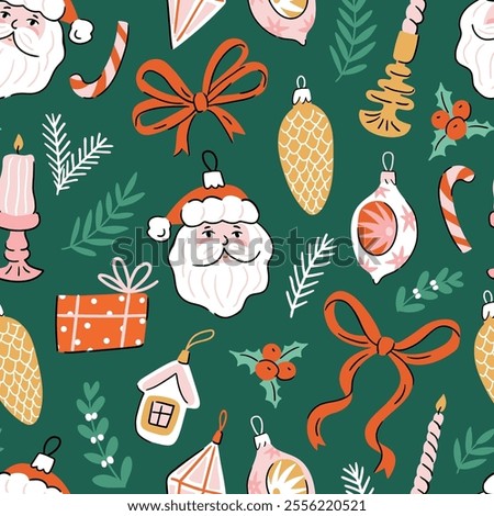 Vector Christmas seamless pattern. Christmas decorations and bows, candles, gifts and branches isolated on green background. Christmas fabric or wrapping paper design.