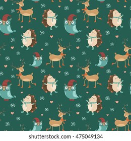 Vector christmas seamless pattern with deer, hedgehog and owl