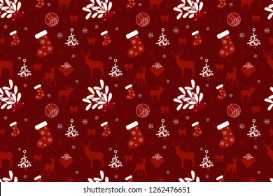 vector christmas seamless pattern of deers, xmas socks, mistletoe and gifts