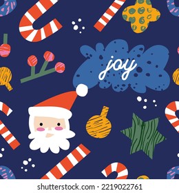 Vector Christmas seamless pattern with different traditional decoration in contemporary modern trendy style