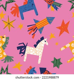 Vector Christmas seamless pattern with different traditional decoration in contemporary modern trendy style